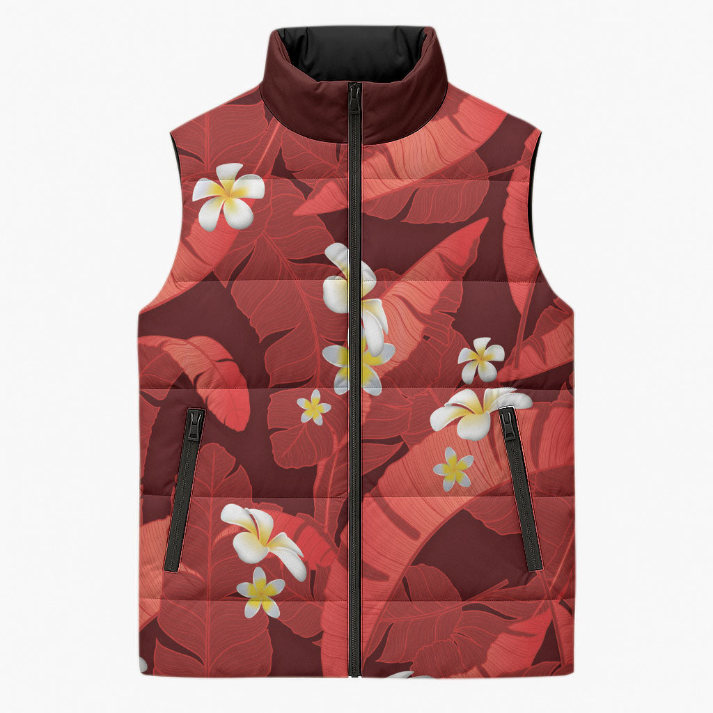 Red Banana Leaf Hawaii Sleeveless Puffer Jacket Lau Maia Plumeria Tropical Summer Vibes