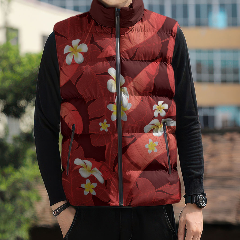 Red Banana Leaf Hawaii Sleeveless Puffer Jacket Lau Maia Plumeria Tropical Summer Vibes