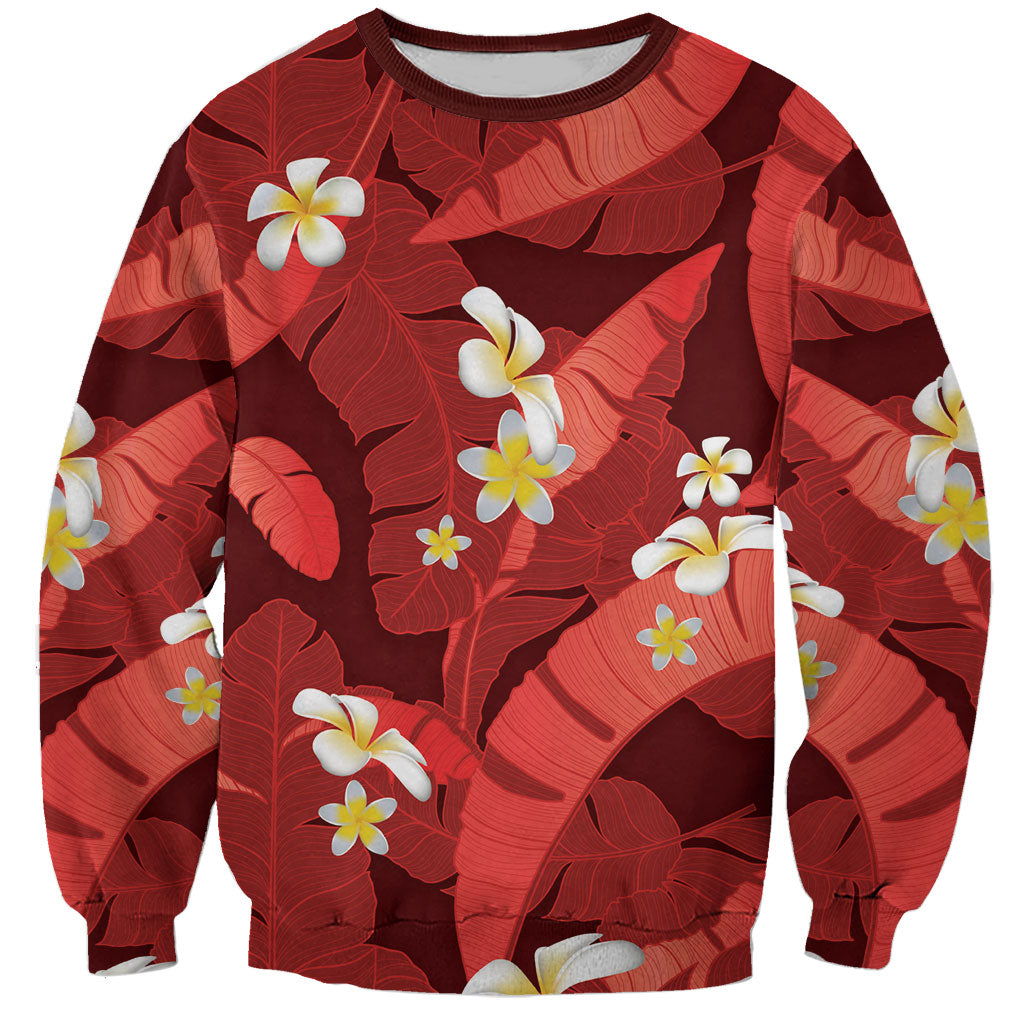 Red Banana Leaf Hawaii Sweatshirt Lau Maia Plumeria Tropical Summer Vibes