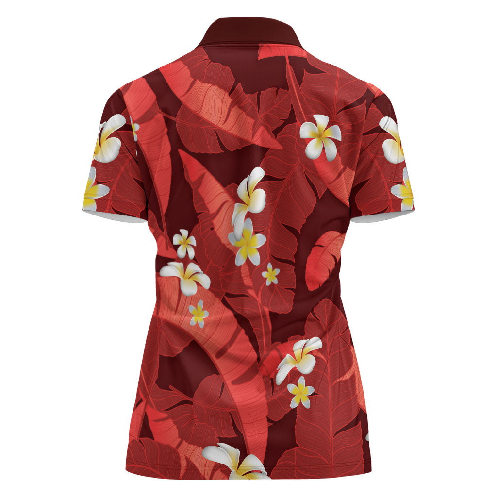 Red Banana Leaf Hawaii Women Polo Shirt Lau Maia Plumeria Tropical Summer Vibes