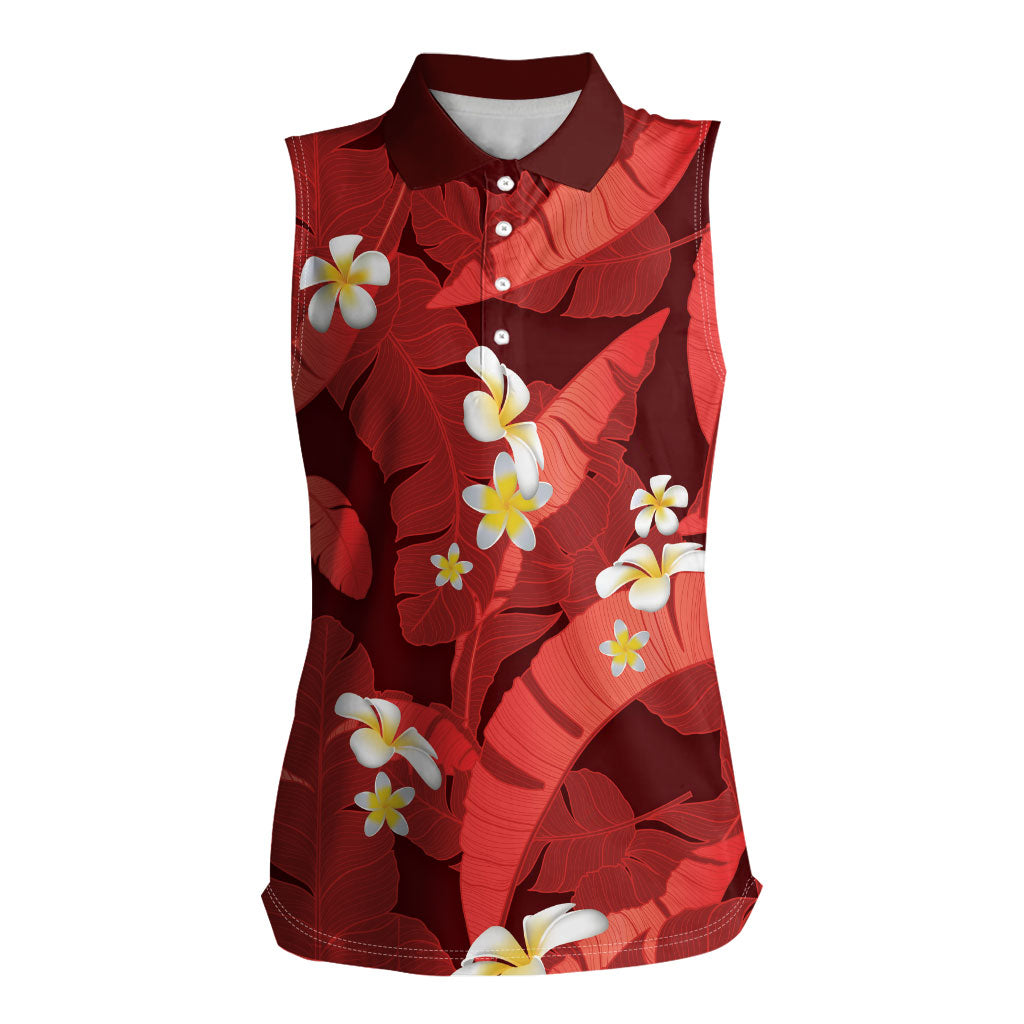Red Banana Leaf Hawaii Women Sleeveless Polo Shirt Lau Maia Plumeria Tropical Summer Vibes