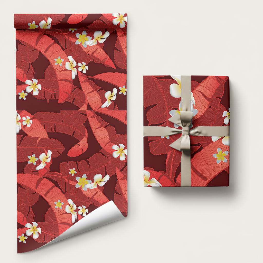 Red Banana Leaf Hawaii Wrapping Paper Lau Maia Plumeria Tropical Summer Vibes LT14 58" × 23" Red - Polynesian Pride