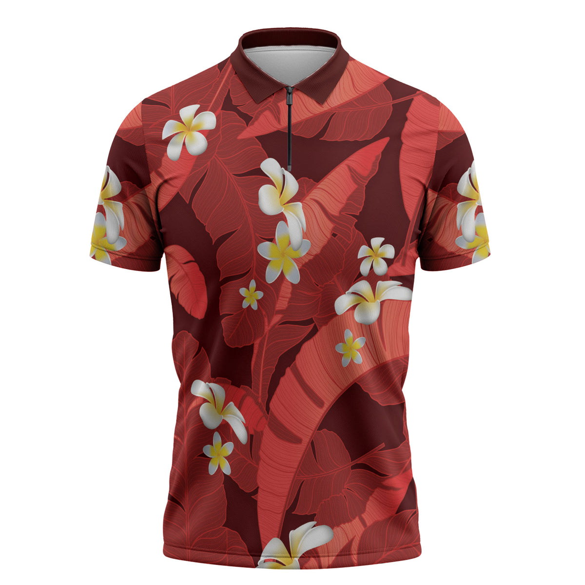 Red Banana Leaf Hawaii Zipper Polo Shirt Lau Maia Plumeria Tropical Summer Vibes
