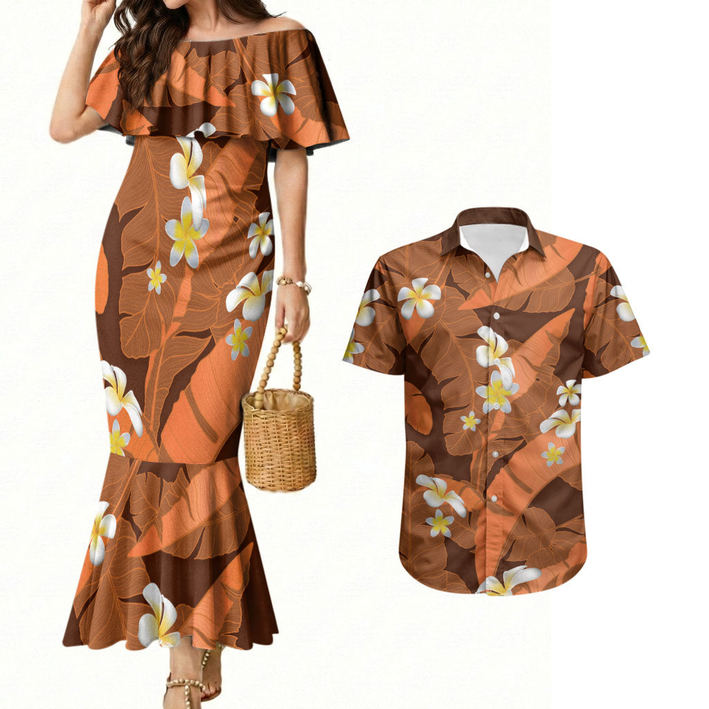 Orange Banana Leaf Hawaii Couples Matching Mermaid Dress and Hawaiian Shirt Lau Maia Plumeria Tropical Summer Vibes