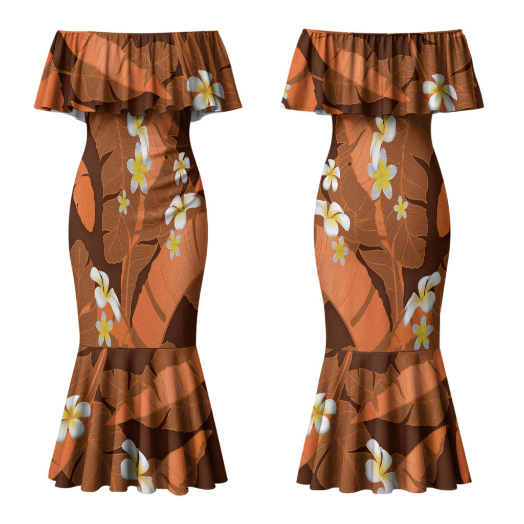 Orange Banana Leaf Hawaii Couples Matching Mermaid Dress and Hawaiian Shirt Lau Maia Plumeria Tropical Summer Vibes