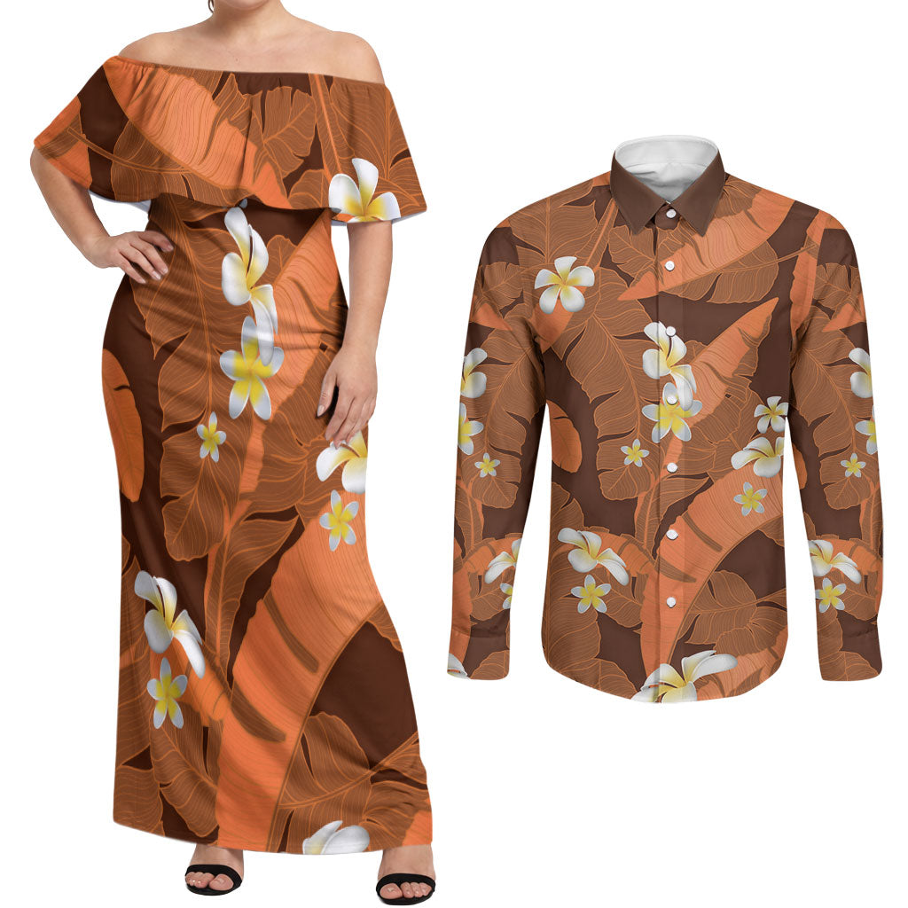 Orange Banana Leaf Hawaii Couples Matching Off Shoulder Maxi Dress and Long Sleeve Button Shirt Lau Maia Plumeria Tropical Summer Vibes LT14 Orange - Polynesian Pride