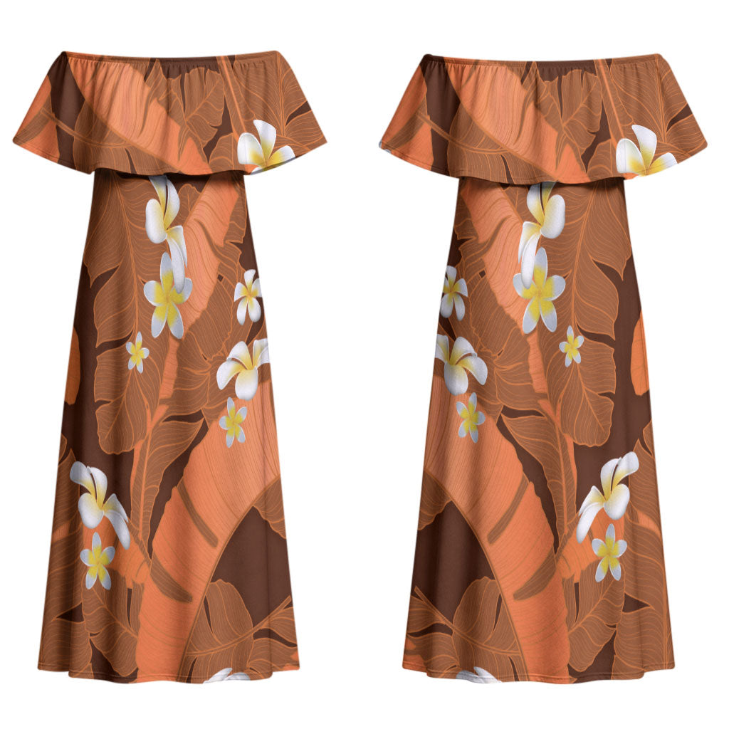 Orange Banana Leaf Hawaii Couples Matching Off Shoulder Maxi Dress and Long Sleeve Button Shirt Lau Maia Plumeria Tropical Summer Vibes