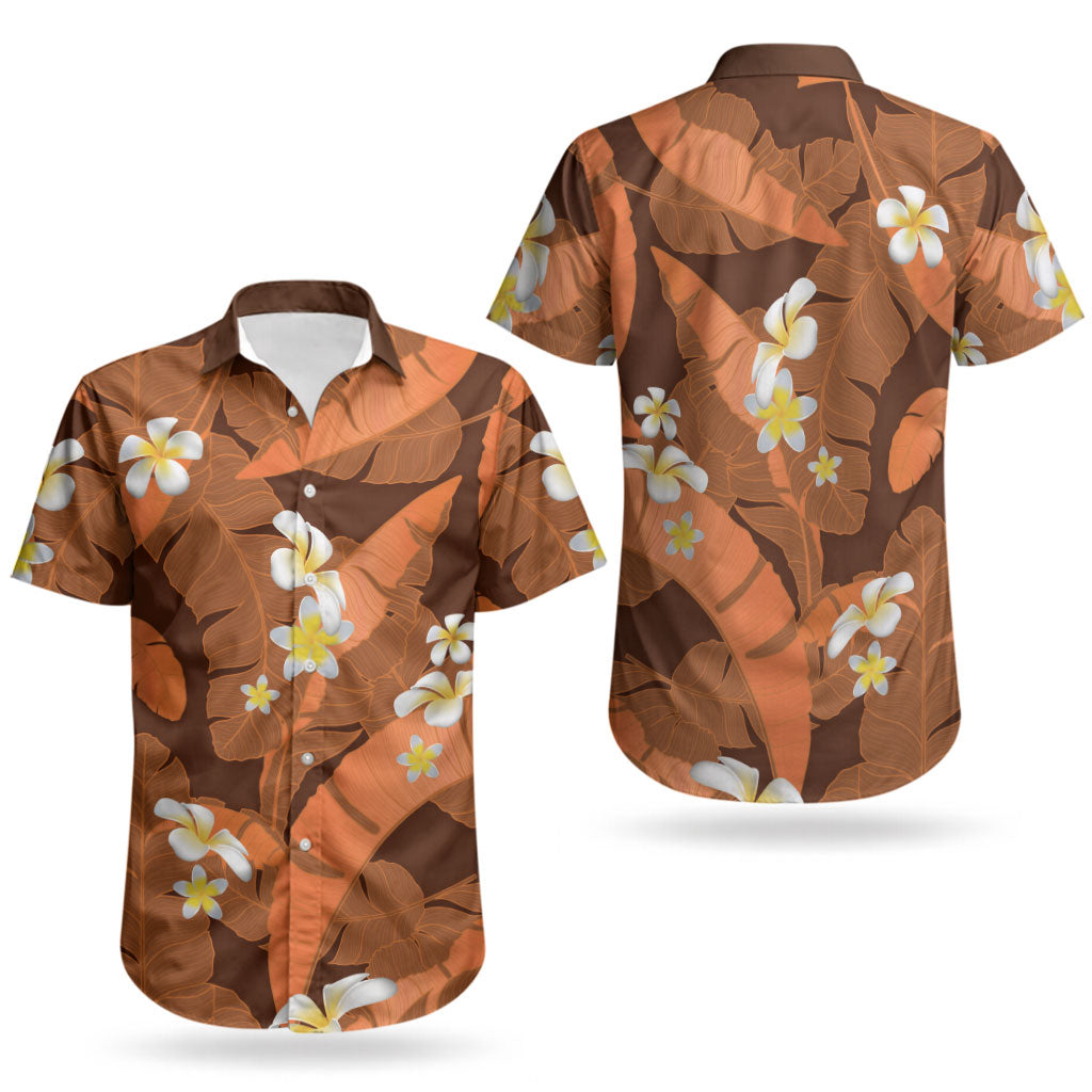 Orange Banana Leaf Hawaii Couples Matching Off Shoulder Short Dress and Hawaiian Shirt Lau Maia Plumeria Tropical Summer Vibes