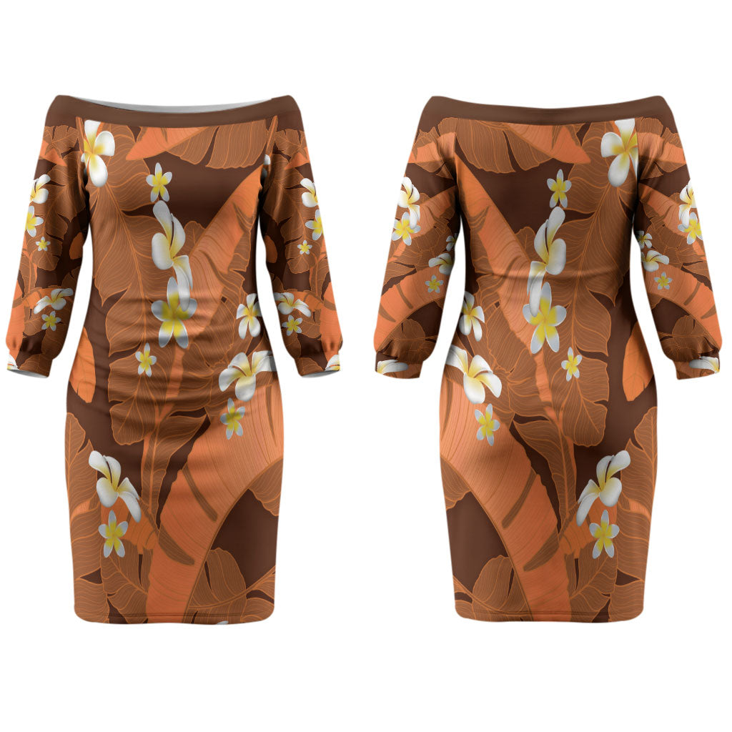 Orange Banana Leaf Hawaii Couples Matching Off The Shoulder Long Sleeve Dress and Long Sleeve Button Shirt Lau Maia Plumeria Tropical Summer Vibes