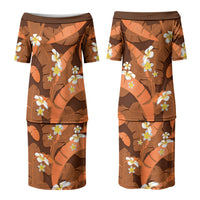 Orange Banana Leaf Hawaii Couples Matching Puletasi and Long Sleeve Button Shirt Lau Maia Plumeria Tropical Summer Vibes