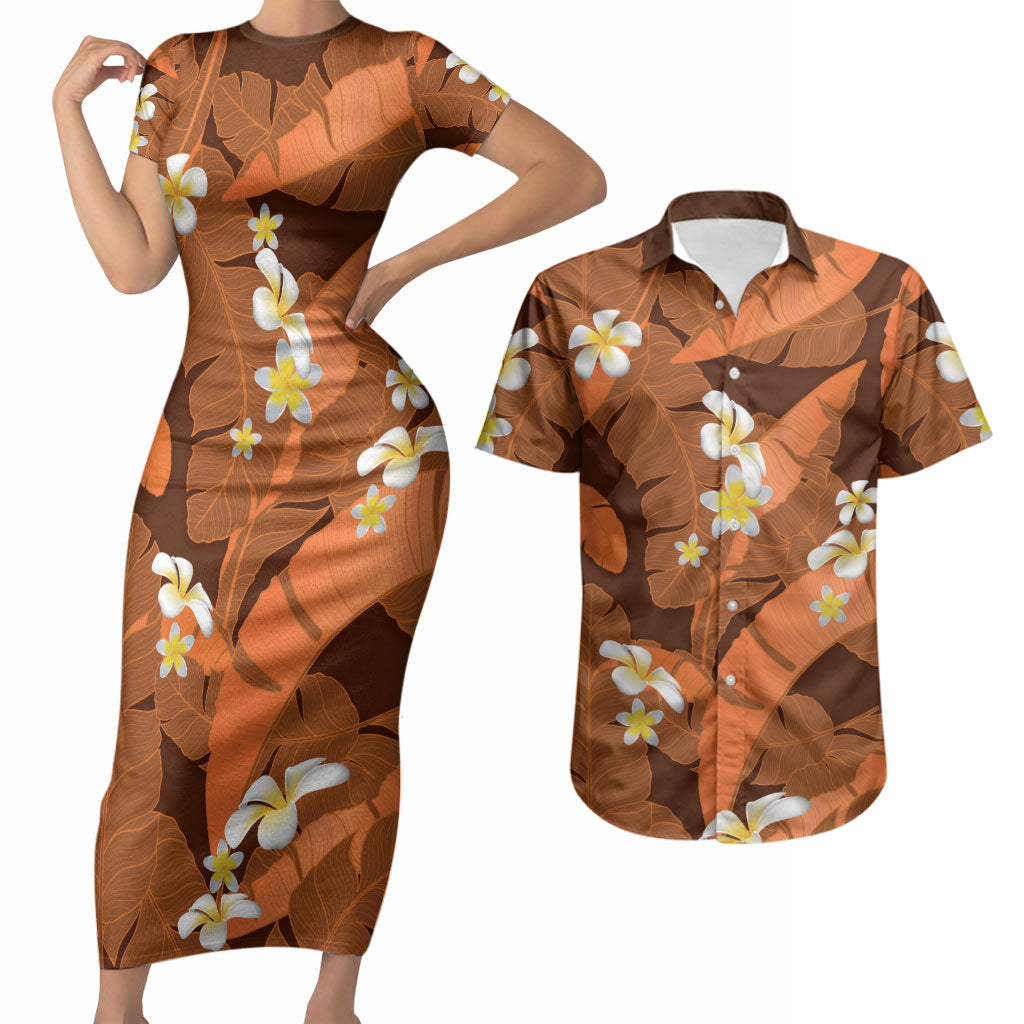 Orange Banana Leaf Hawaii Couples Matching Short Sleeve Bodycon Dress and Hawaiian Shirt Lau Maia Plumeria Tropical Summer Vibes LT14 Orange - Polynesian Pride