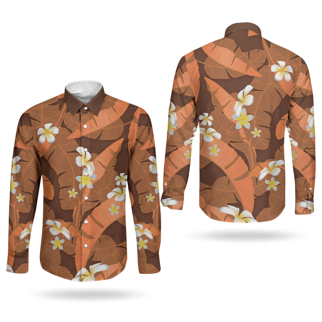 Orange Banana Leaf Hawaii Couples Matching Summer Maxi Dress and Long Sleeve Button Shirt Lau Maia Plumeria Tropical Summer Vibes