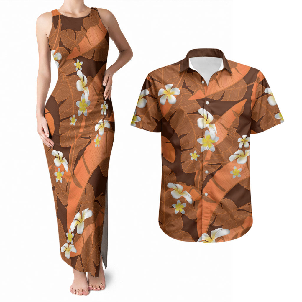 Orange Banana Leaf Hawaii Couples Matching Tank Maxi Dress and Hawaiian Shirt Lau Maia Plumeria Tropical Summer Vibes