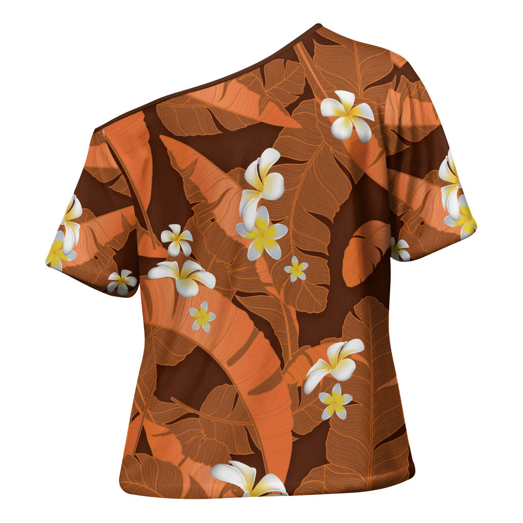 Orange Banana Leaf Hawaii Cross Shoulder Shirt Lau Maia Plumeria Tropical Summer Vibes