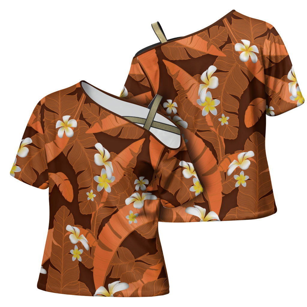 Orange Banana Leaf Hawaii Cross Shoulder Shirt Lau Maia Plumeria Tropical Summer Vibes