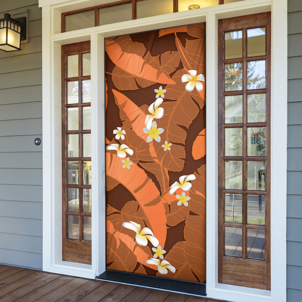 Orange Banana Leaf Hawaii Door Cover Lau Maia Plumeria Tropical Summer Vibes