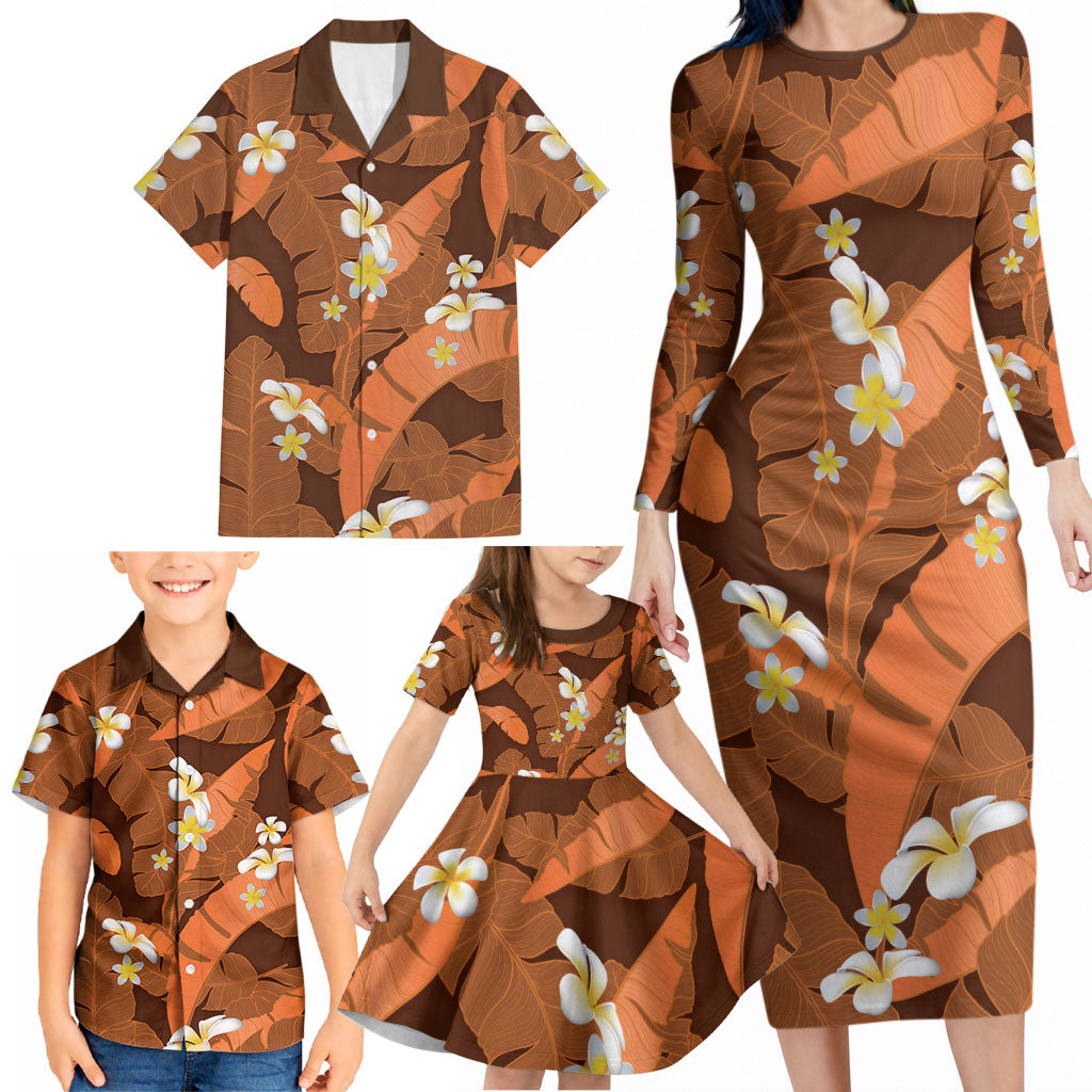 Orange Banana Leaf Hawaii Family Matching Long Sleeve Bodycon Dress and Hawaiian Shirt Lau Maia Plumeria Tropical Summer Vibes