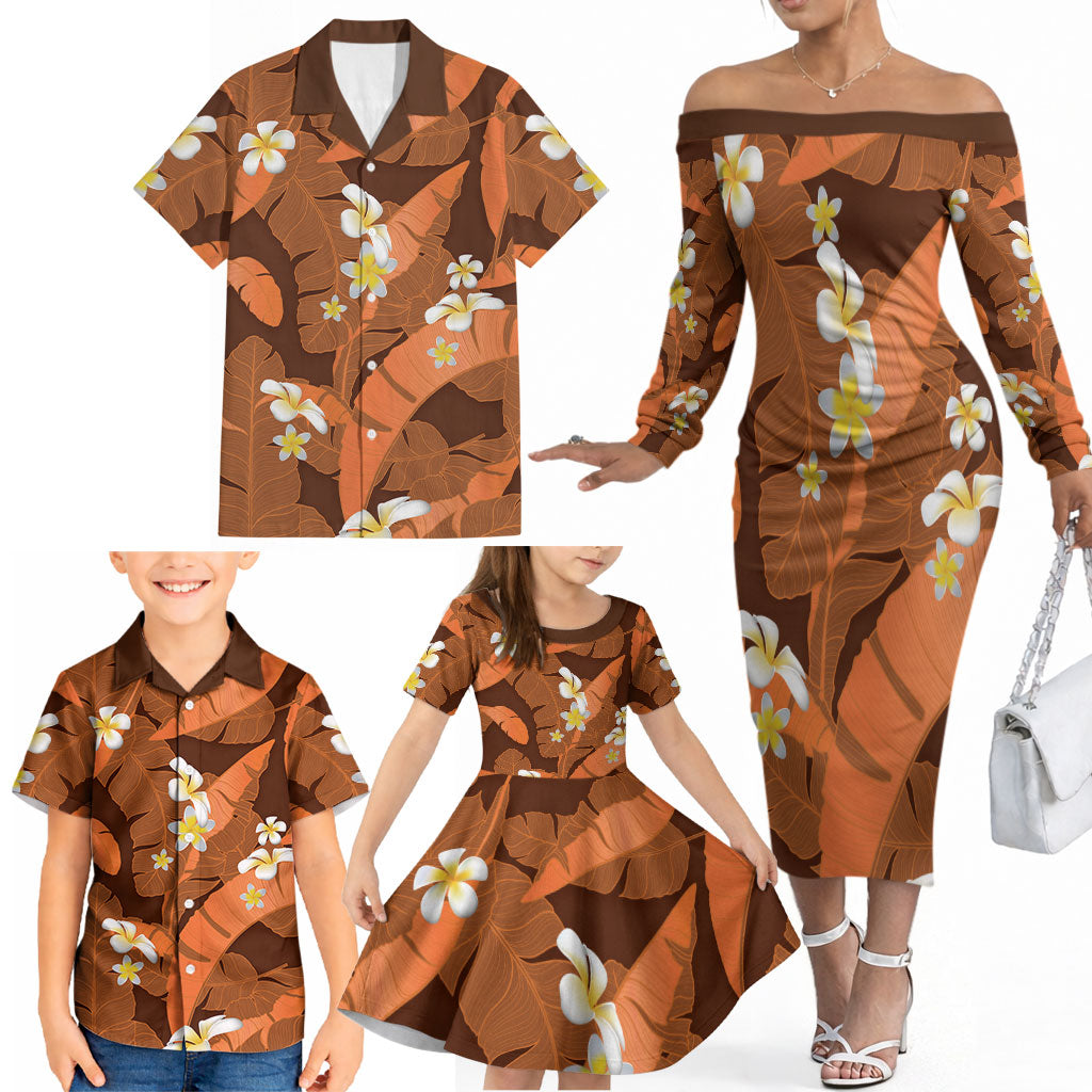 Orange Banana Leaf Hawaii Family Matching Off The Shoulder Long Sleeve Dress and Hawaiian Shirt Lau Maia Plumeria Tropical Summer Vibes