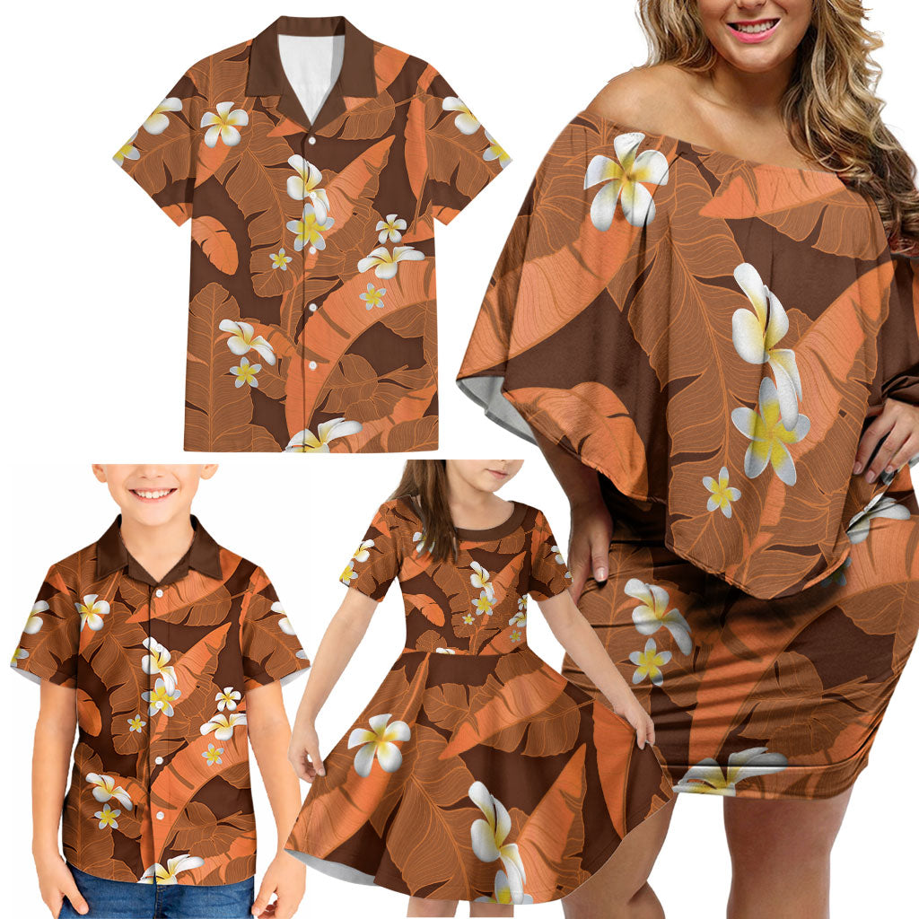 Orange Banana Leaf Hawaii Family Matching Off Shoulder Short Dress and Hawaiian Shirt Lau Maia Plumeria Tropical Summer Vibes