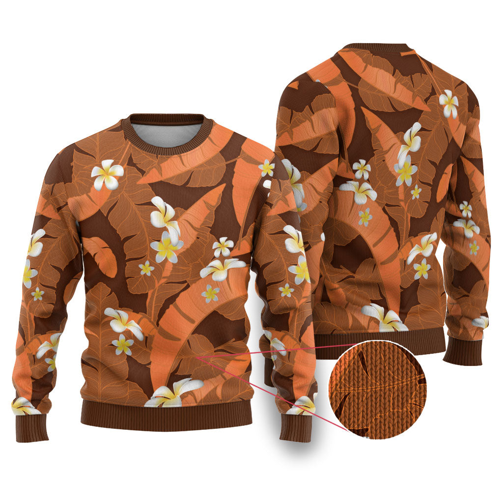 Orange Banana Leaf Hawaii Ugly Christmas Sweater Lau Maia Plumeria Tropical Summer Vibes