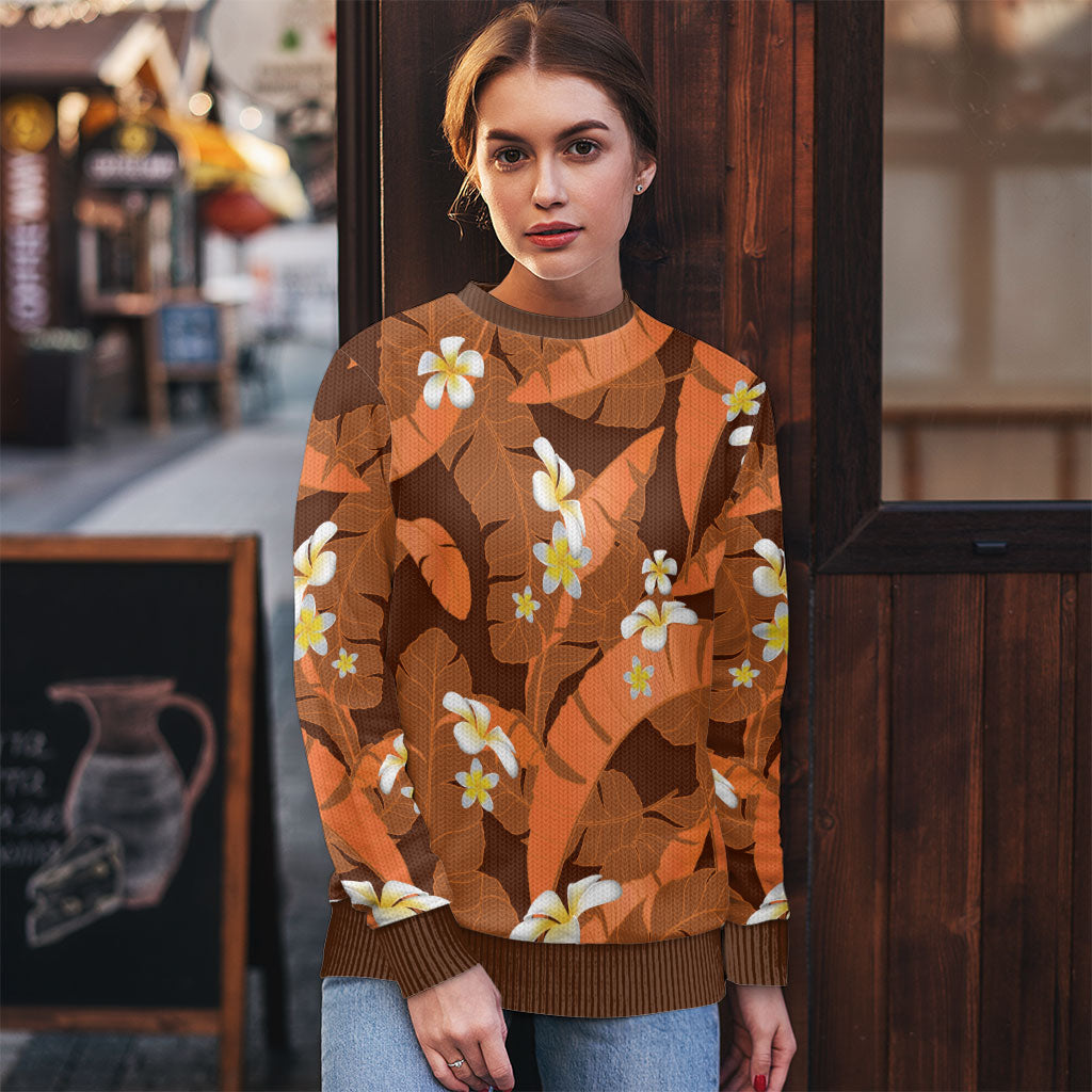 Orange Banana Leaf Hawaii Ugly Christmas Sweater Lau Maia Plumeria Tropical Summer Vibes