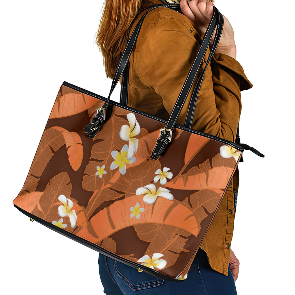 Orange Banana Leaf Hawaii Leather Tote Bag Lau Maia Plumeria Tropical Summer Vibes