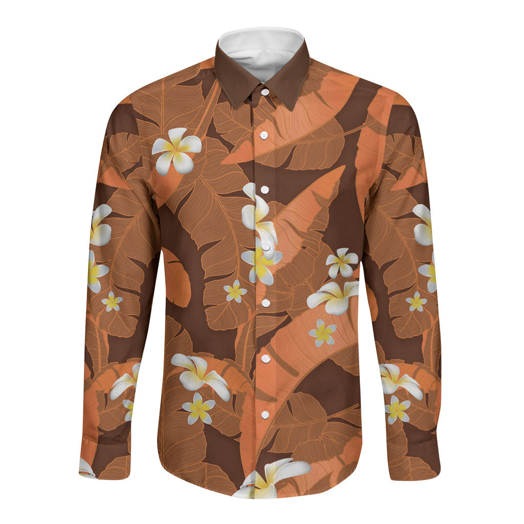 Orange Banana Leaf Hawaii Long Sleeve Button Shirt Lau Maia Plumeria Tropical Summer Vibes LT14 Unisex Orange - Polynesian Pride
