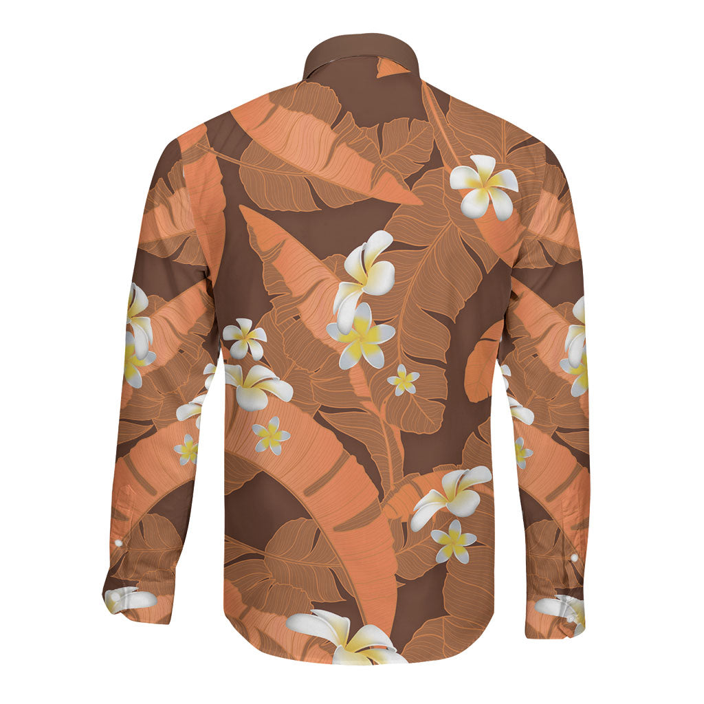 Orange Banana Leaf Hawaii Long Sleeve Button Shirt Lau Maia Plumeria Tropical Summer Vibes