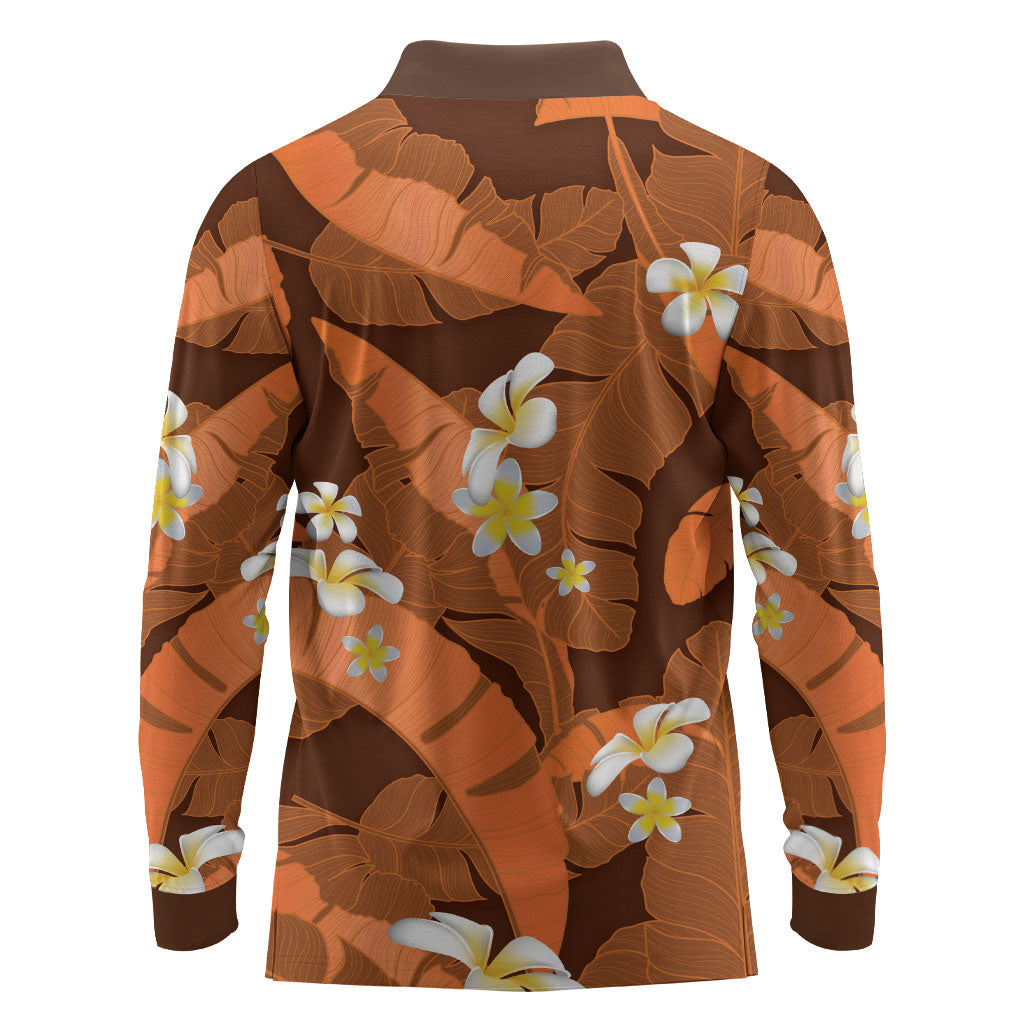 Orange Banana Leaf Hawaii Long Sleeve Polo Shirt Lau Maia Plumeria Tropical Summer Vibes