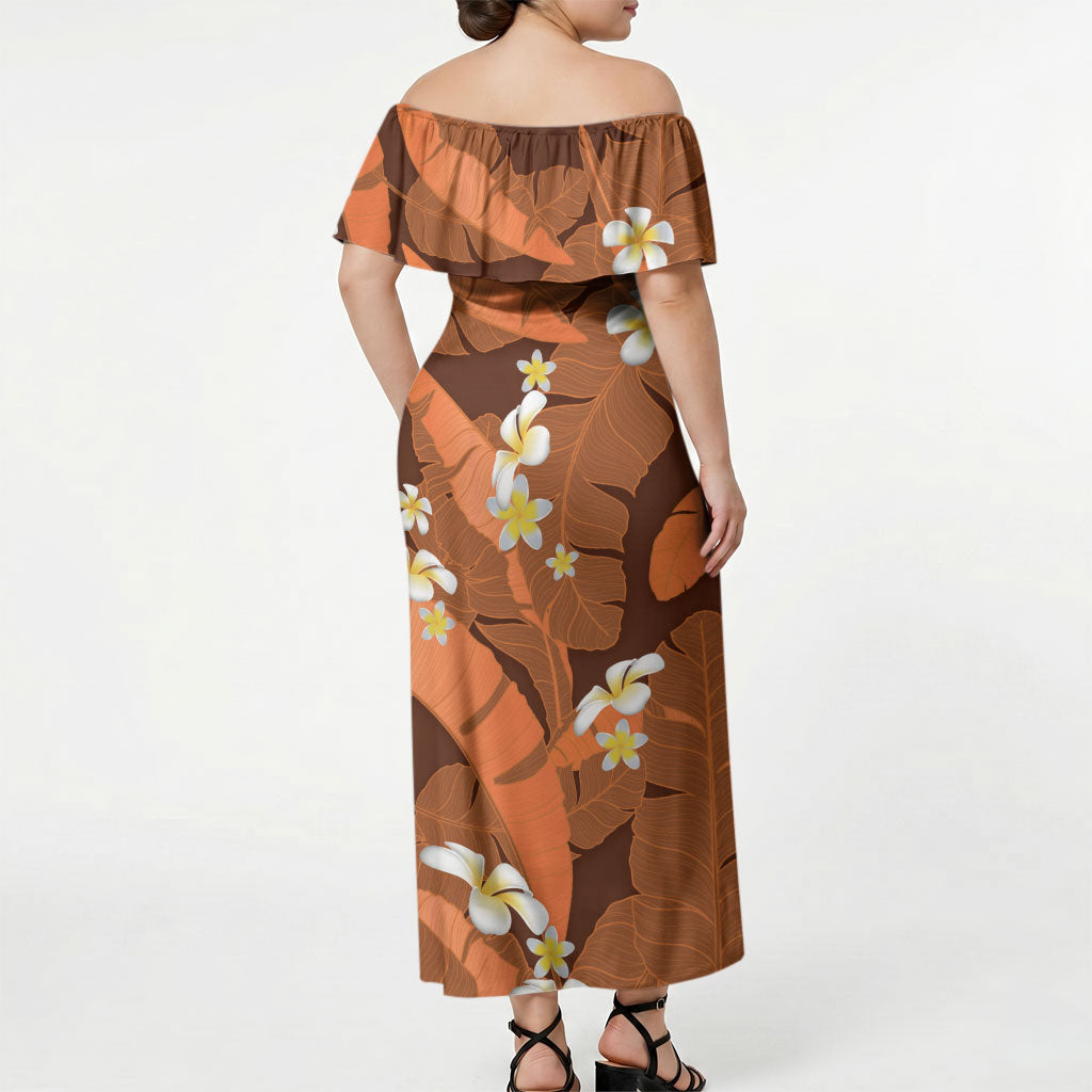 Orange Banana Leaf Hawaii Off Shoulder Maxi Dress Lau Maia Plumeria Tropical Summer Vibes
