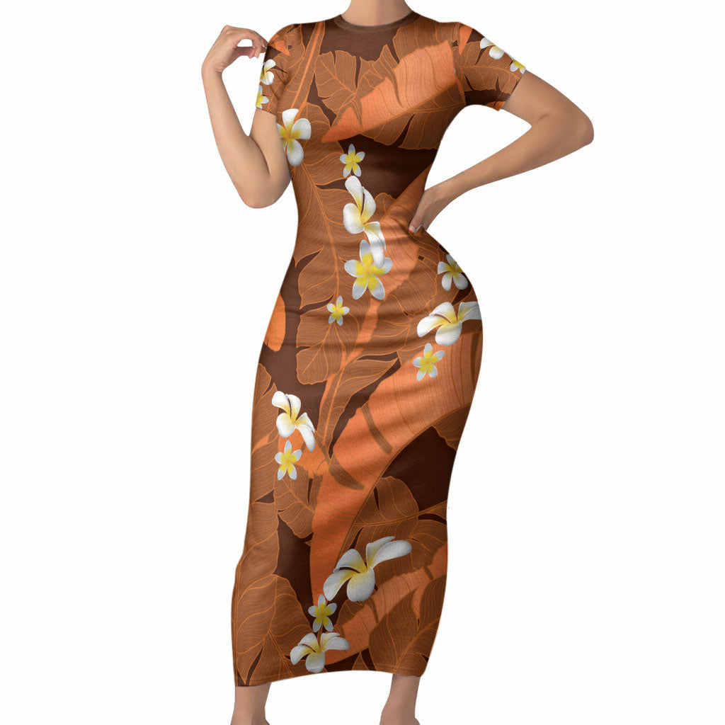 Orange Banana Leaf Hawaii Short Sleeve Bodycon Dress Lau Maia Plumeria Tropical Summer Vibes