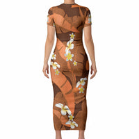 Orange Banana Leaf Hawaii Short Sleeve Bodycon Dress Lau Maia Plumeria Tropical Summer Vibes