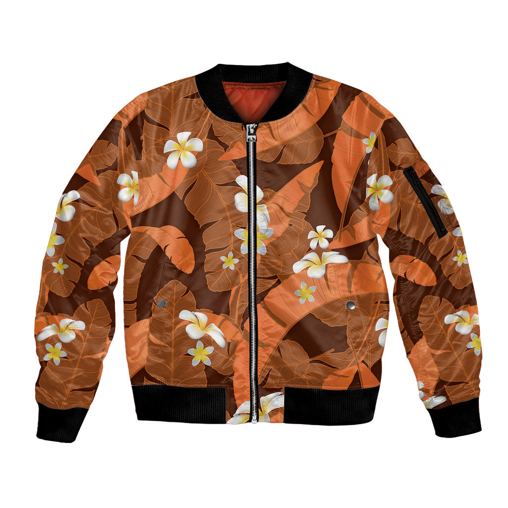 Orange Banana Leaf Hawaii Sleeve Zip Bomber Jacket Lau Maia Plumeria Tropical Summer Vibes