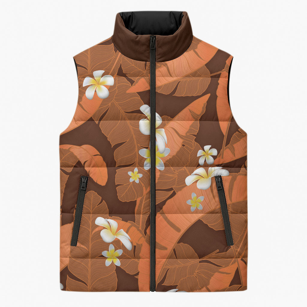 Orange Banana Leaf Hawaii Sleeveless Puffer Jacket Lau Maia Plumeria Tropical Summer Vibes