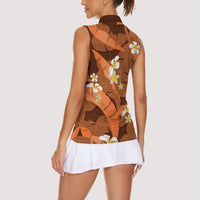 Orange Banana Leaf Hawaii Women Sleeveless Polo Shirt Lau Maia Plumeria Tropical Summer Vibes