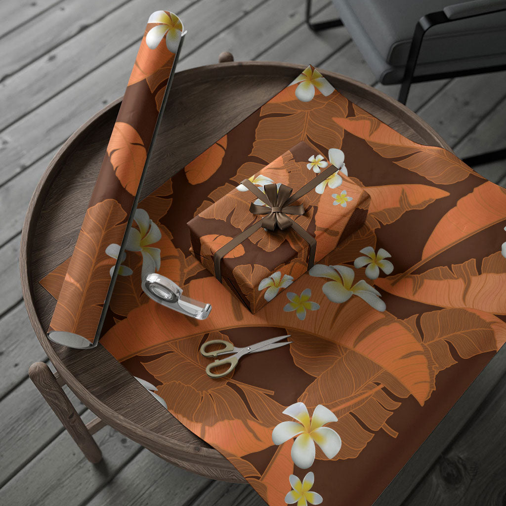 Orange Banana Leaf Hawaii Wrapping Paper Lau Maia Plumeria Tropical Summer Vibes