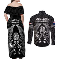 New Zealand Aotearoa Rugby Couples Matching Off Shoulder Maxi Dress and Long Sleeve Button Shirts NZ Tiki With Maori Fern World Cup Black Version LT14 - Polynesian Pride
