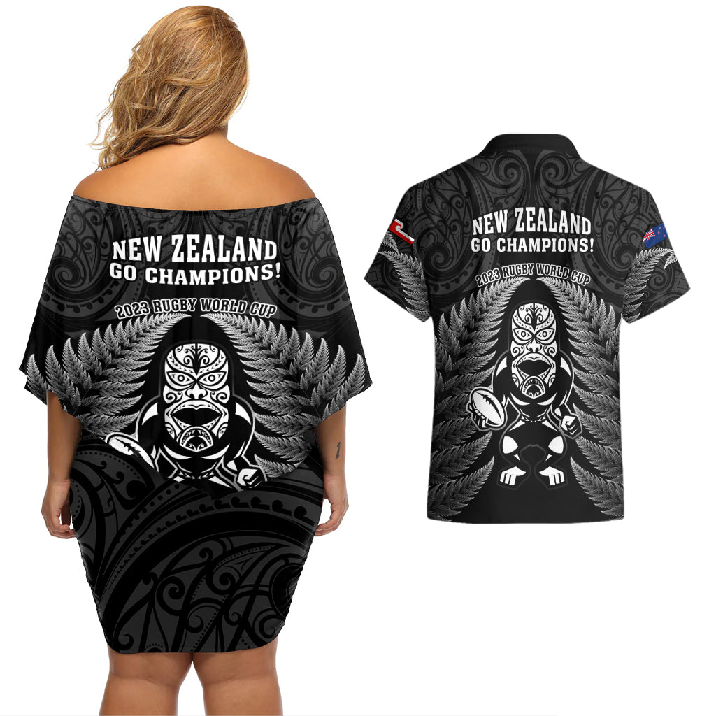 New Zealand Aotearoa Rugby Couples Matching Off Shoulder Short Dress and Hawaiian Shirt NZ Tiki With Maori Fern World Cup Black Version LT14 - Polynesian Pride
