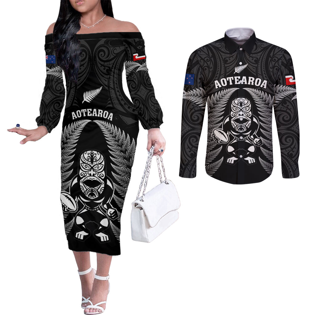 New Zealand Aotearoa Rugby Couples Matching Off The Shoulder Long Sleeve Dress and Long Sleeve Button Shirts NZ Tiki With Maori Fern World Cup Black Version LT14 Black - Polynesian Pride
