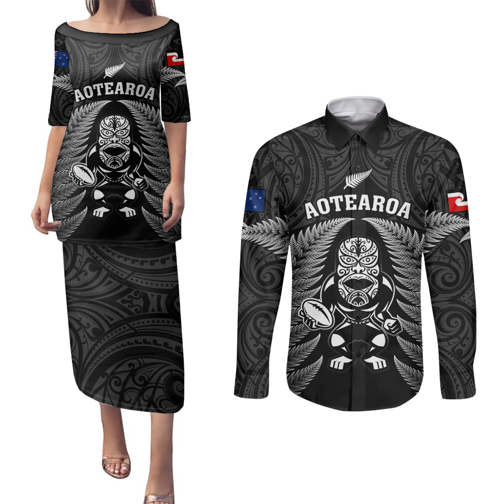 New Zealand Aotearoa Rugby Couples Matching Puletasi Dress and Long Sleeve Button Shirts NZ Tiki With Maori Fern World Cup Black Version LT14 Black - Polynesian Pride