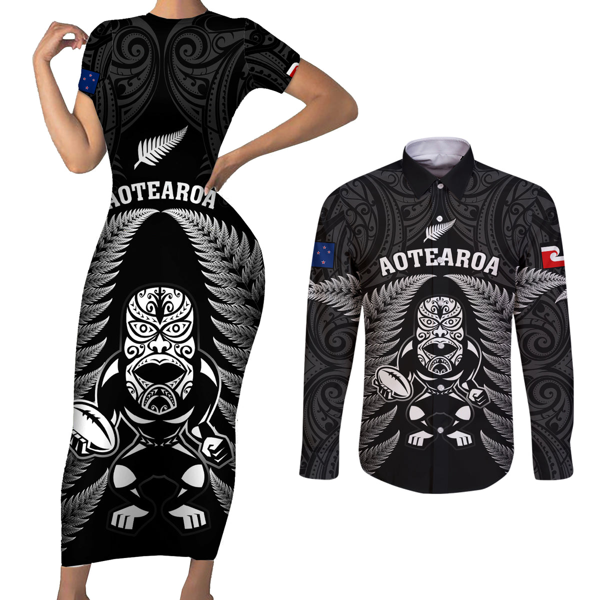 New Zealand Aotearoa Rugby Couples Matching Short Sleeve Bodycon Dress and Long Sleeve Button Shirts NZ Tiki With Maori Fern World Cup Black Version LT14 Black - Polynesian Pride