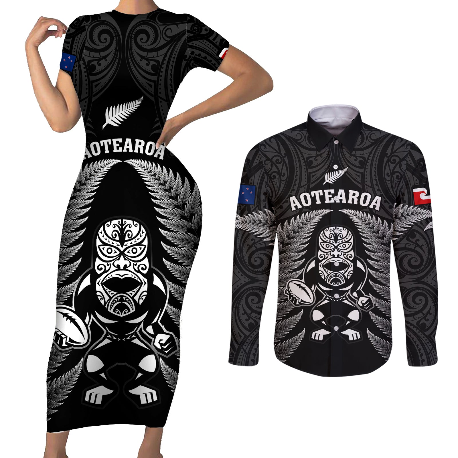 New Zealand Aotearoa Rugby Couples Matching Short Sleeve Bodycon Dress and Long Sleeve Button Shirts NZ Tiki With Maori Fern World Cup Black Version LT14 Black - Polynesian Pride