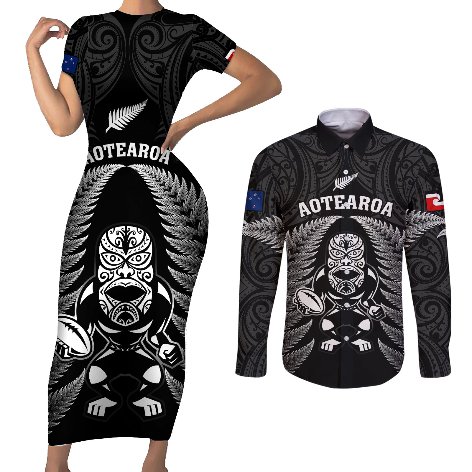 New Zealand Aotearoa Rugby Couples Matching Short Sleeve Bodycon Dress and Long Sleeve Button Shirts NZ Tiki With Maori Fern World Cup Black Version LT14 Black - Polynesian Pride
