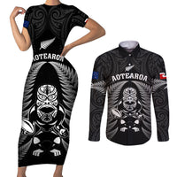 New Zealand Aotearoa Rugby Couples Matching Short Sleeve Bodycon Dress and Long Sleeve Button Shirts NZ Tiki With Maori Fern World Cup Black Version LT14 Black - Polynesian Pride