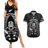 New Zealand Aotearoa Rugby Couples Matching Summer Maxi Dress and Hawaiian Shirt NZ Tiki With Maori Fern World Cup Black Version LT14 Black - Polynesian Pride