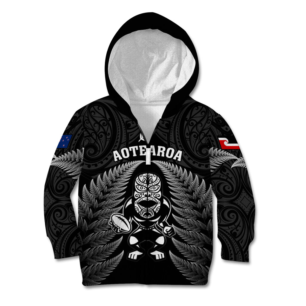 New Zealand Aotearoa Rugby Kid Hoodie NZ Tiki With Maori Fern World Cup Black Version LT14 Zip Hoodie Black - Polynesian Pride