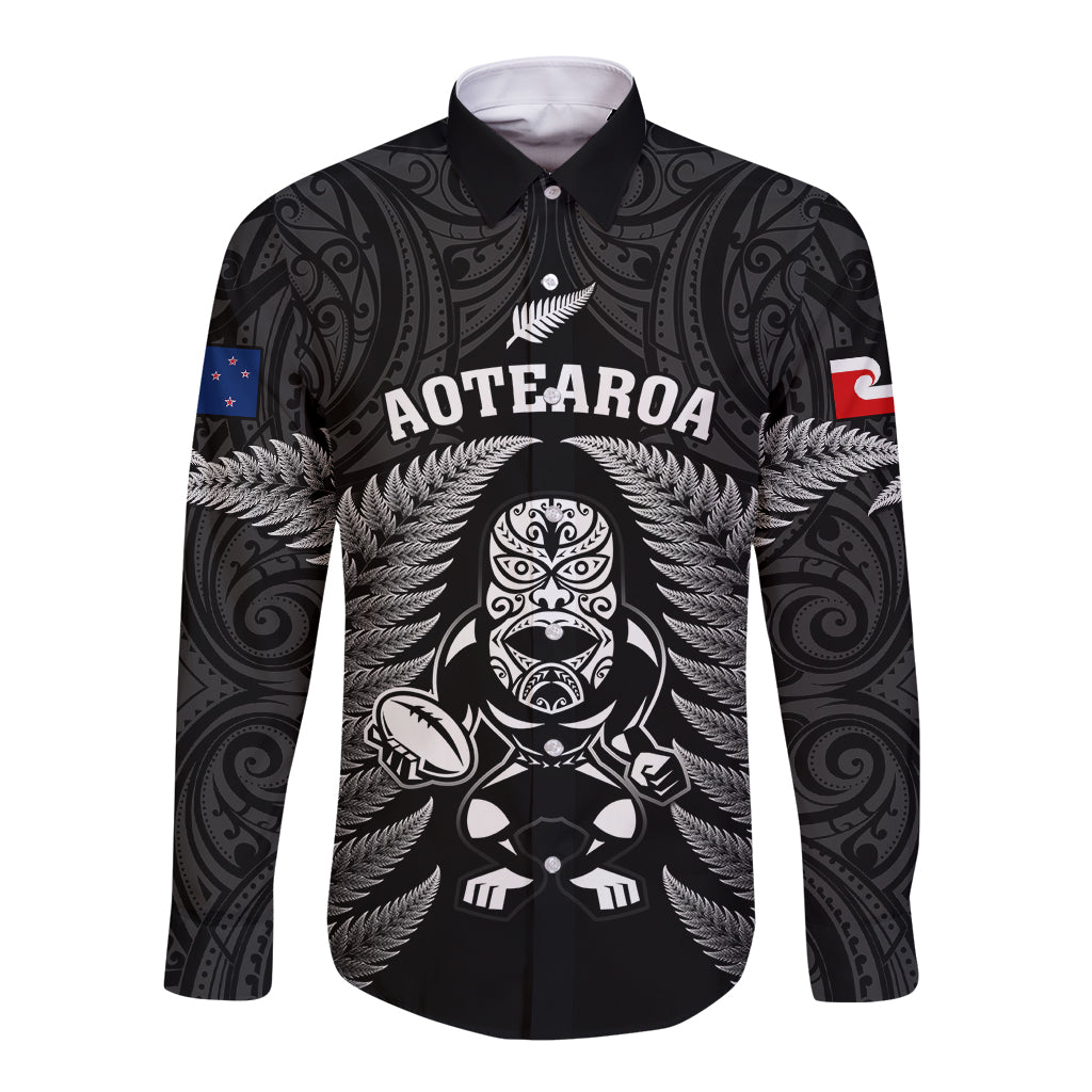 New Zealand Aotearoa Rugby Long Sleeve Button Shirt NZ Tiki With Maori Fern World Cup Black Version LT14 Unisex Black - Polynesian Pride