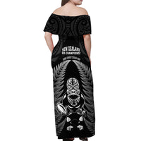New Zealand Aotearoa Rugby Off Shoulder Maxi Dress NZ Tiki With Maori Fern World Cup Black Version LT14 - Polynesian Pride