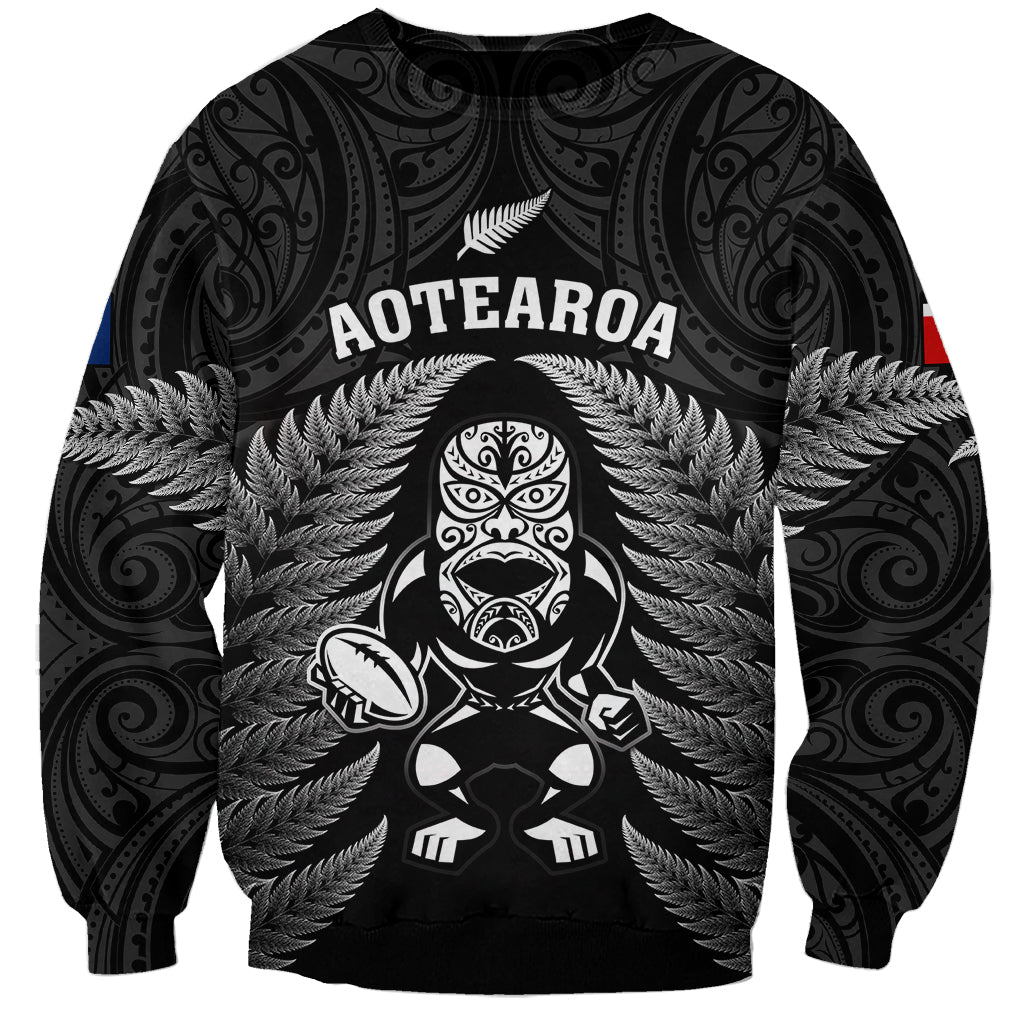 New Zealand Aotearoa Rugby Sweatshirt NZ Tiki With Maori Fern World Cup Black Version LT14 Unisex Black - Polynesian Pride