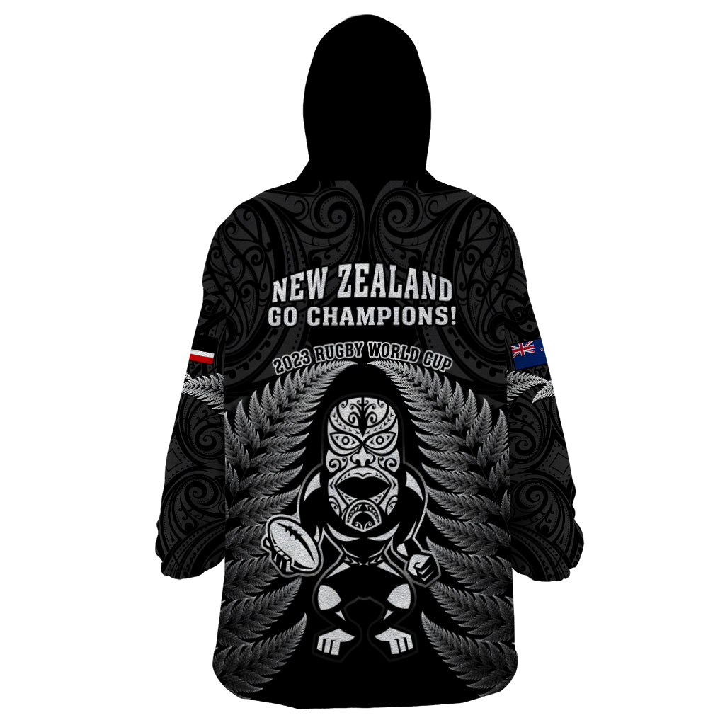 New Zealand Aotearoa Rugby Wearable Blanket Hoodie NZ Tiki With Maori Fern World Cup Black Version LT14 - Polynesian Pride